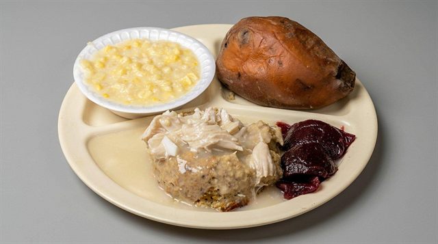 Chicken and dressing with creamed corn and sweet potato at Betty's Bar-B-Q in Anniston, AL